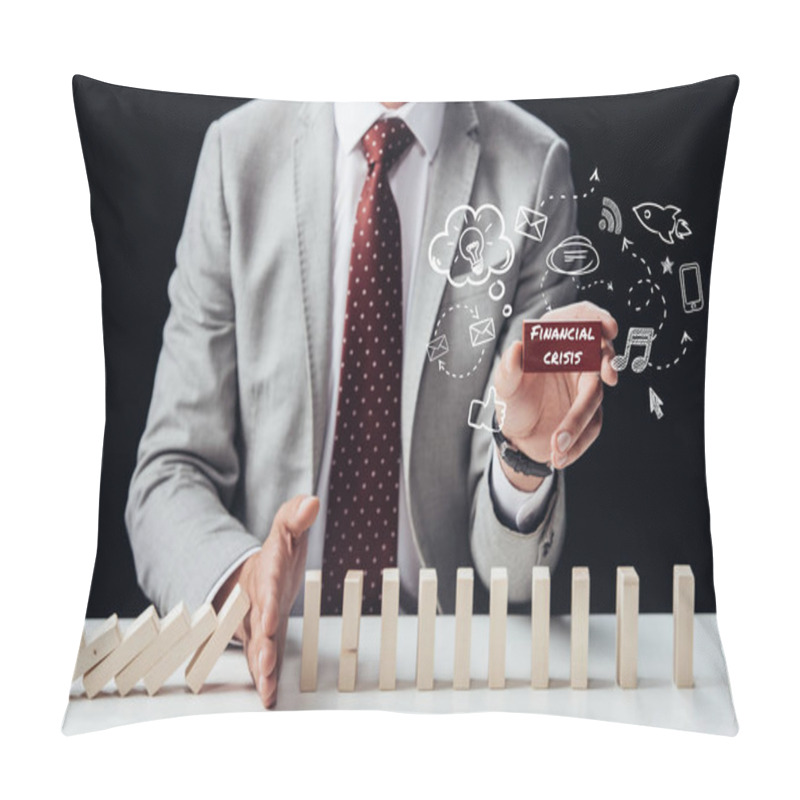 Personality  Cropped View Of Businessman Preventing Wooden Blocks From Falling While Holding Brick With Words 'financial Crisis', Icons On Foreground Pillow Covers