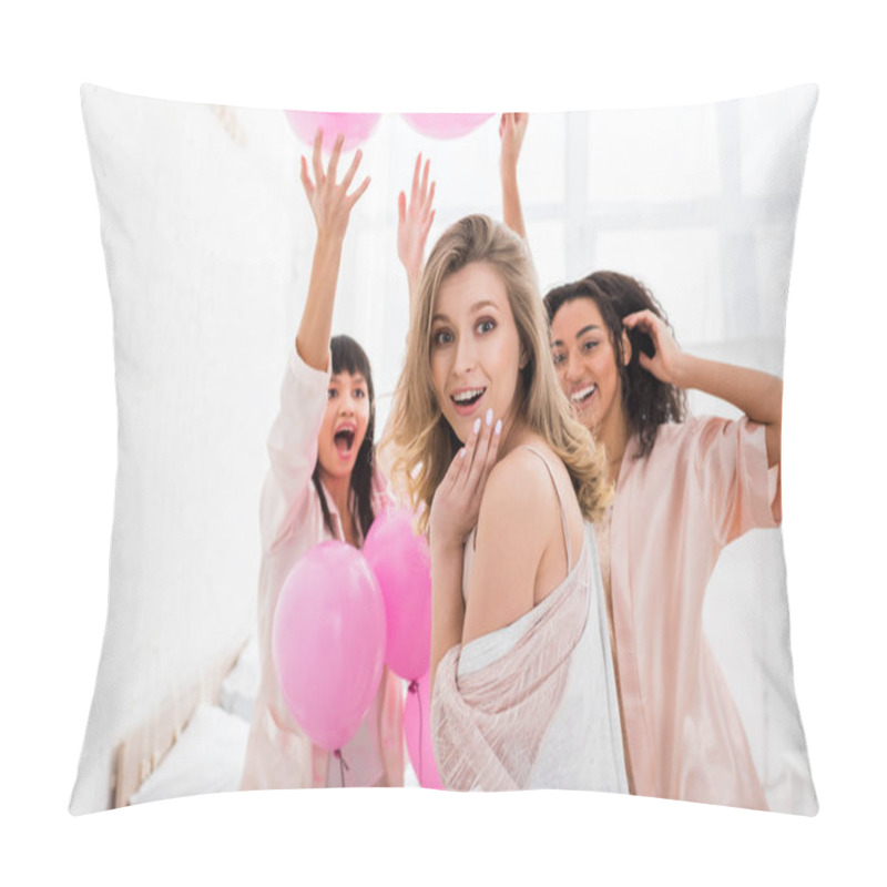 Personality  Excited Multicultural Girls Having Fun With Pink Balloons On Pajama Party Pillow Covers