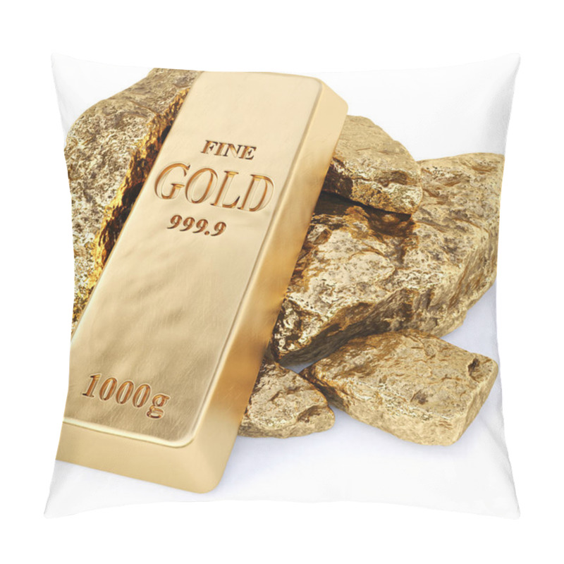 Personality  Gold Bullion And Gold Nuggets On A White Background. 3d Rendering. Pillow Covers