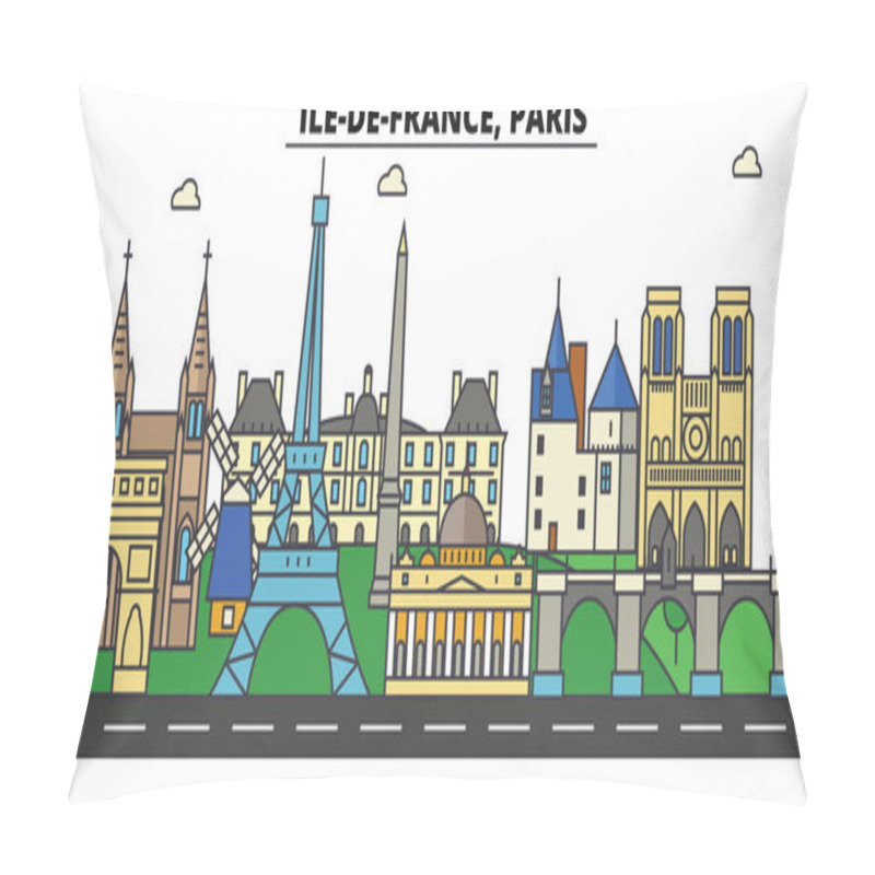 Personality  France, Paris, Ile De France . City Skyline: Architecture, Buildings, Streets, Silhouette, Landscape, Panorama, Landmarks. Editable Strokes. Flat Design Line Vector Illustration Concept. Isolated Pillow Covers