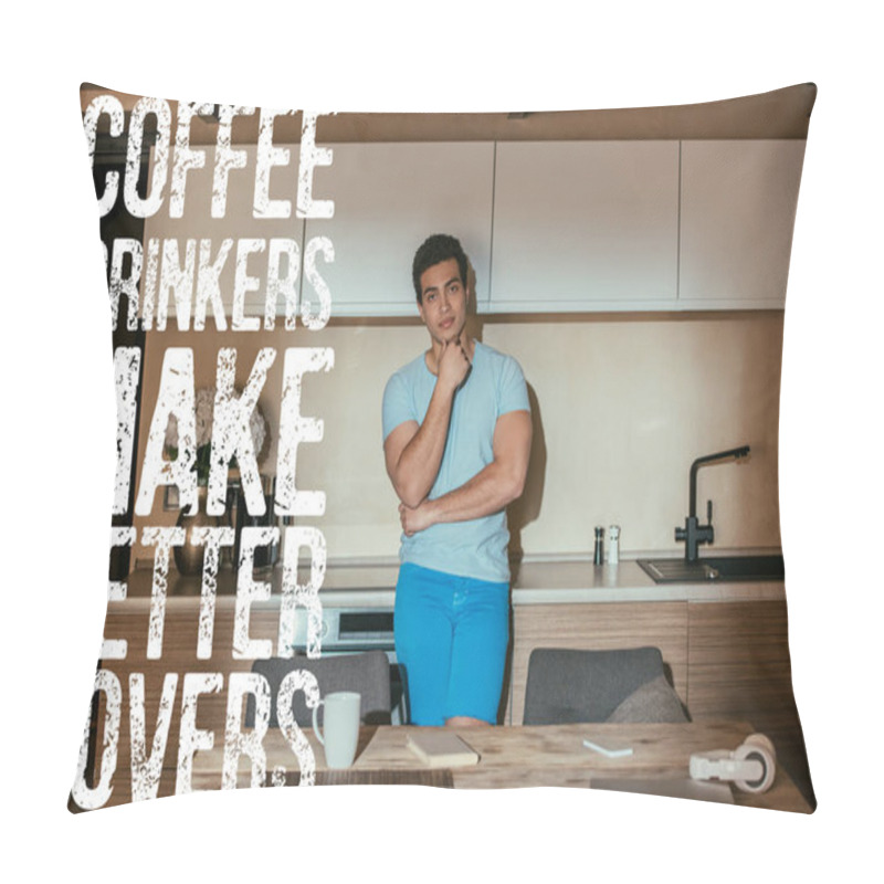 Personality  Pensive Mixed Race Man Standing Near Coffee Cup, Book, Headphones, Laptop And Coffee Drinkers Make Better Lovers Lettering  Pillow Covers