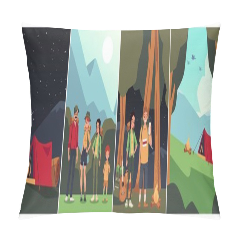 Personality  Set Of Families Having Picnic Together, Flat Cartoon Vector Illustration Pillow Covers