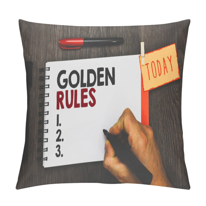 Personality  Text Sign Showing Golden Rules. Conceptual Photo Basic Principle That Should Be Followed Important Principle Man Holding Marker Notebook Clothespin Hold Reminder Cup Markers Wood Table Pillow Covers