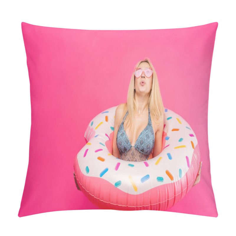 Personality  Photo Of Woman In Pink Glasses In Bathing Suit With Life Preserver Donut On Empty Background Pillow Covers