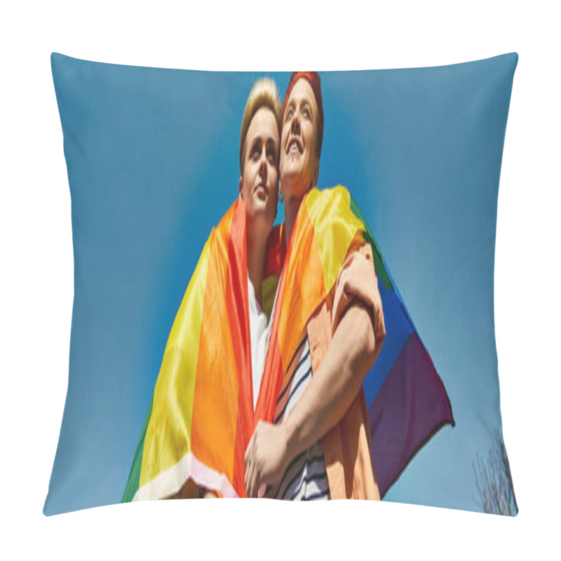 Personality  A Young Lesbian Couple, Holding A Rainbow Flag, Sharing A Warm Hug In A Celebration Of Love And LGBTQ Pride. Pillow Covers