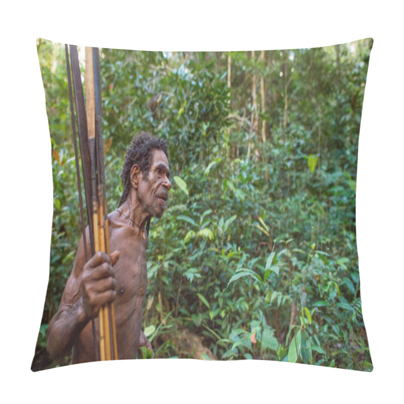 Personality  WILD JUNGLE OF NEW GUINEA ISLAND, INDONESIA - JUNE 24: Papuan From Korowai (Kolufo) Tribe With Bows And Arrows In The Wild Jungles Of New Guinea. June 24, 2016, New Guinea, Indonesia Pillow Covers