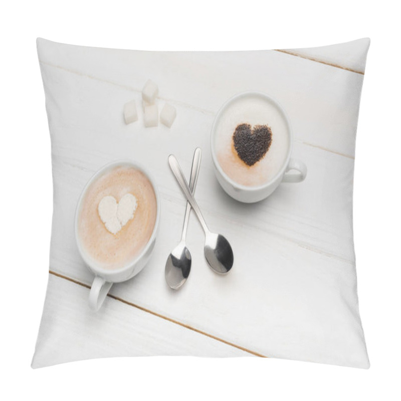 Personality  Top View Of Cups With Cappuccino And Latte Near Spoons And Sugar Cubes On White Wooden Surface  Pillow Covers