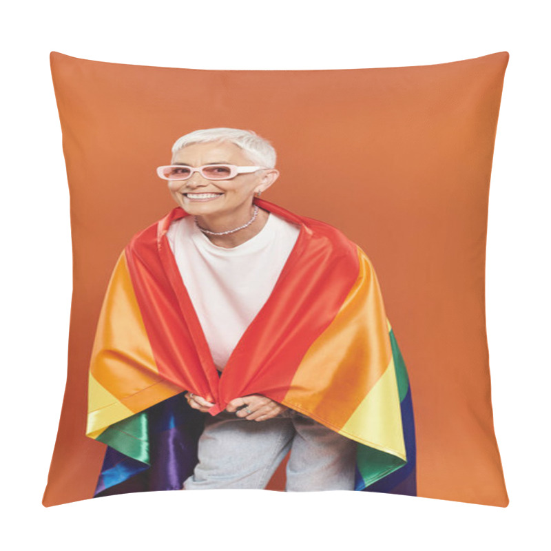 Personality  A Stylish Woman Wrapped In A Rainbow Flag Beams With Joy Against An Orange Backdrop. Pillow Covers