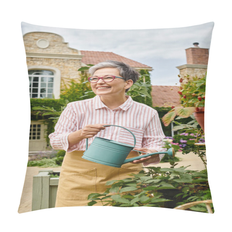 Personality  Good Looking Joyful Mature Woman Watering Her Lively Vibrant Flowers In Her Garden In England Pillow Covers