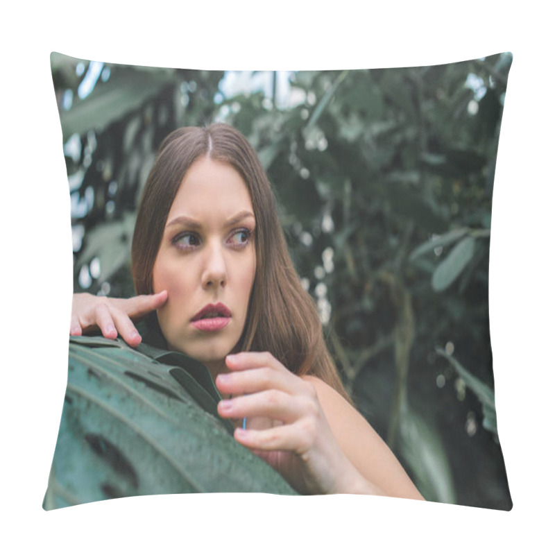 Personality  Attractive Woman Posing In Tropical Garden Near Monstera Leaf Pillow Covers