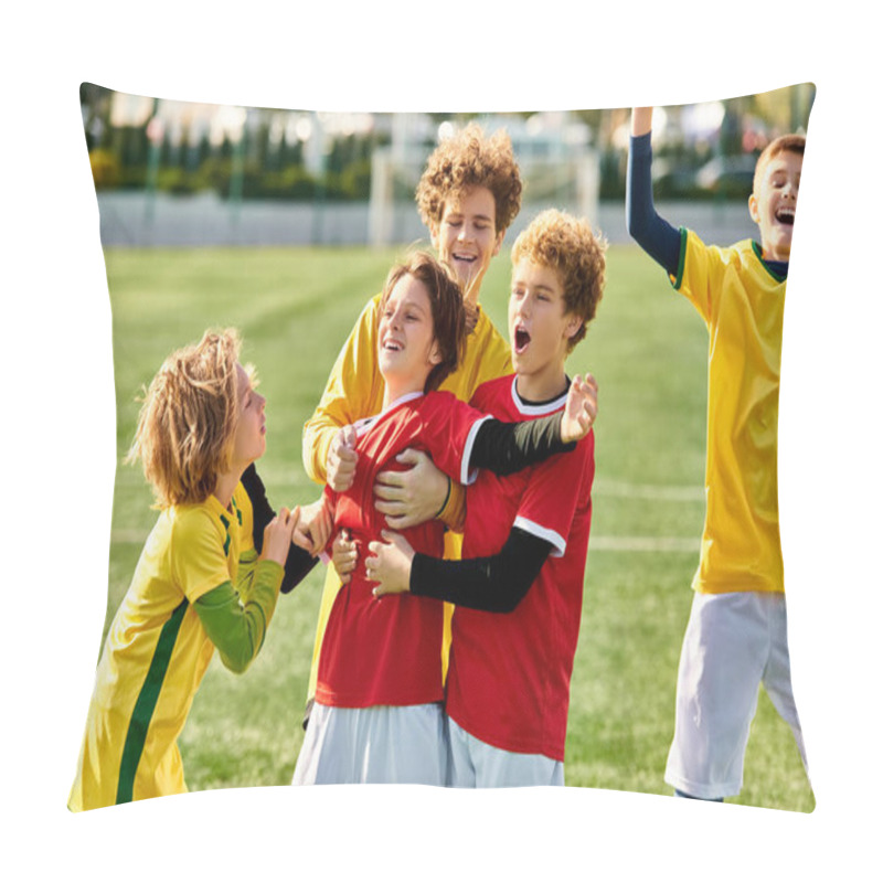 Personality  A Group Of Energetic Young Children Stand Triumphantly On Top Of A Soccer Field, Exuding Excitement And Joy After A Game. Their Faces Beam With Pride As They Celebrate Their Victory Together. Pillow Covers