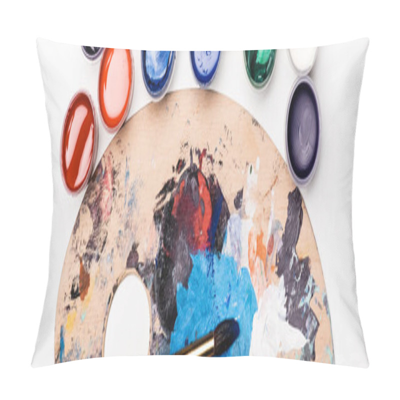 Personality  Top View Of Palette With Gouache Paints And Paintbrush On White Background, Panoramic Shot Pillow Covers