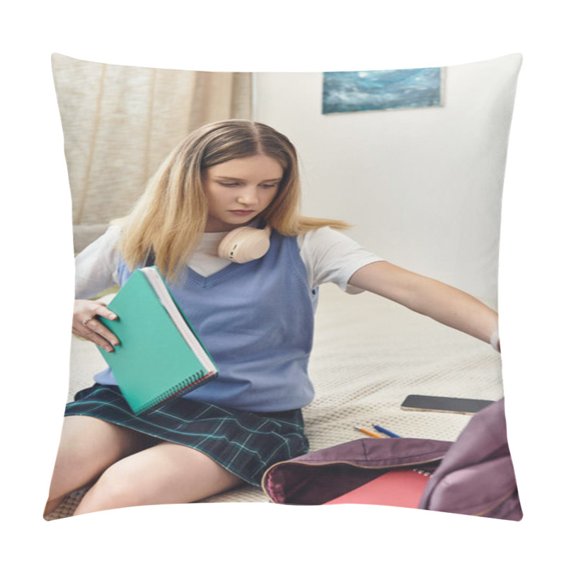 Personality  A Modern Teenager Sorts Through Her School Supplies While Sitting On Her Bed In Her Room. Pillow Covers