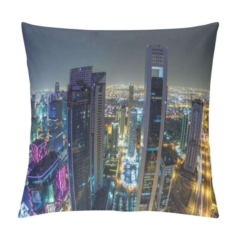 Personality  The Skyline Of The West Bay Area From Top In Doha Timelapse, Qatar. Illuminated Modern Skyscrapers Aerial View From Rooftop At Night. Traffic On The Road. Fisheye Lens Pillow Covers