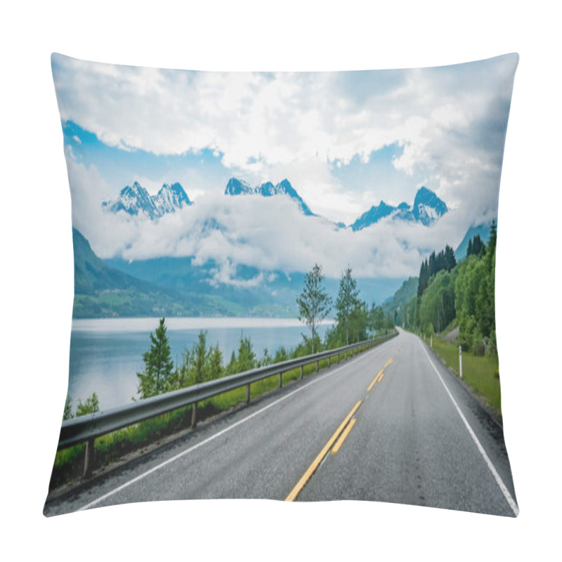 Personality  Beautiful Nature Landscape With Highway Going Through Nature, Norway. Road Trip In Norway, Driving On An Empty Road Concept. Pillow Covers