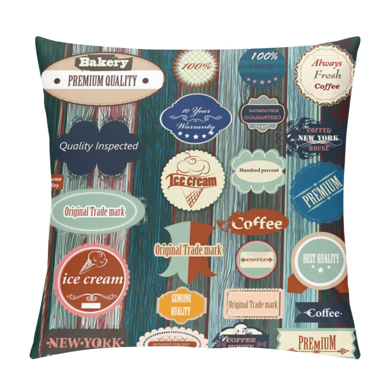 Personality  Collection Of Vector Labels In Retro Style On Grunge Wooden Back Pillow Covers