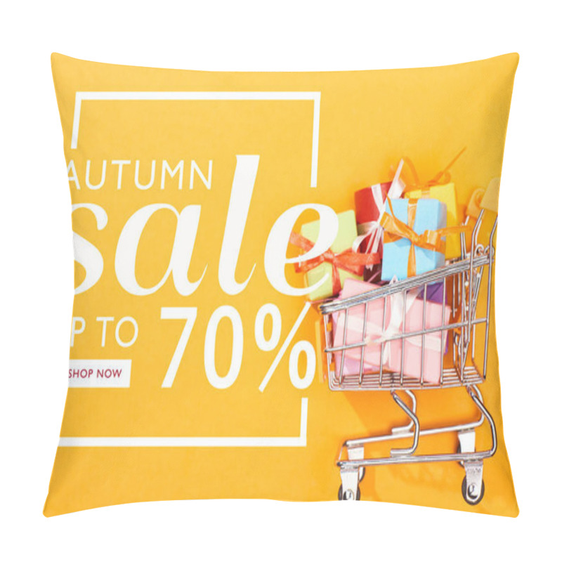 Personality  Top View Of Shopping Cart With Presents On Bright Orange Background With Autumn Sale, Up To 70 Percent Illustration  Pillow Covers