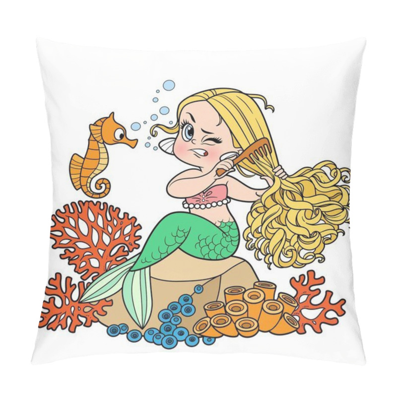 Personality  Cute Little Mermaid Girl Sitting On A Stone And Combing Tangled Hair With A Comb Color Variation For Coloring Page Pillow Covers