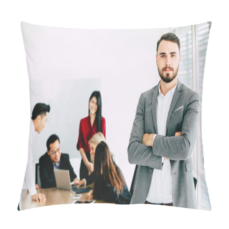 Personality  Business Man Executive Hand Some Business Owner With Team Work Meeting In The Office, Male Looking Camera. Pillow Covers