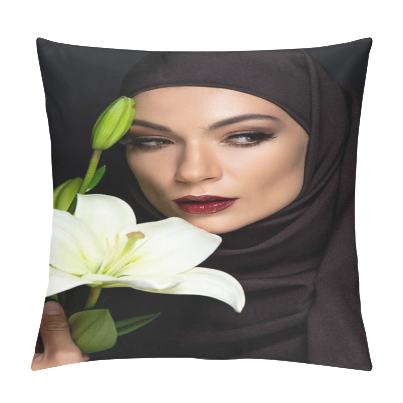 Personality  Beautiful Muslim Woman In Hijab With Smoky Eyes And Red Lips Holding Lily Isolated On Black Pillow Covers