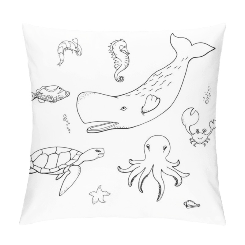 Personality  Ocean Animals Set: Sperm Whale, Sea Turtle, Octopus, Crab, Seahorse, Coral Fish, Shrimp, Starfish  In Doodle Style Isolated On White Background. Silhouettes Marine Fauna. Vector Outline Illustration. Pillow Covers