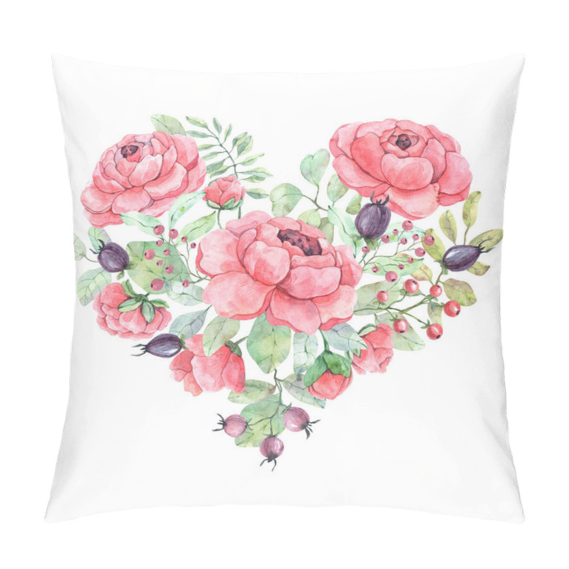 Personality  Watercolor Composition In The Form Of A Heart Made Of Peonies, Buds, Berries, Leaves And Twigs Is Perfect For Printing, Textiles, Fabrics, Wrapping And Scrap Paper, Wallpaper And Any Design Pillow Covers