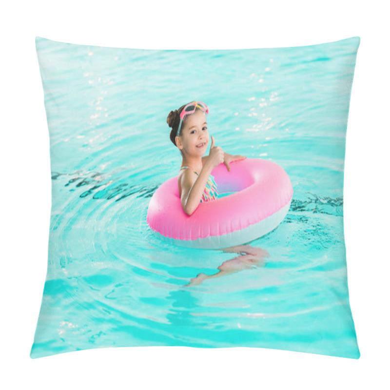 Personality  Happy Kid Swimming With Inflatable Ring And Showing Thumb Up Sign  In Swimming Pool Pillow Covers