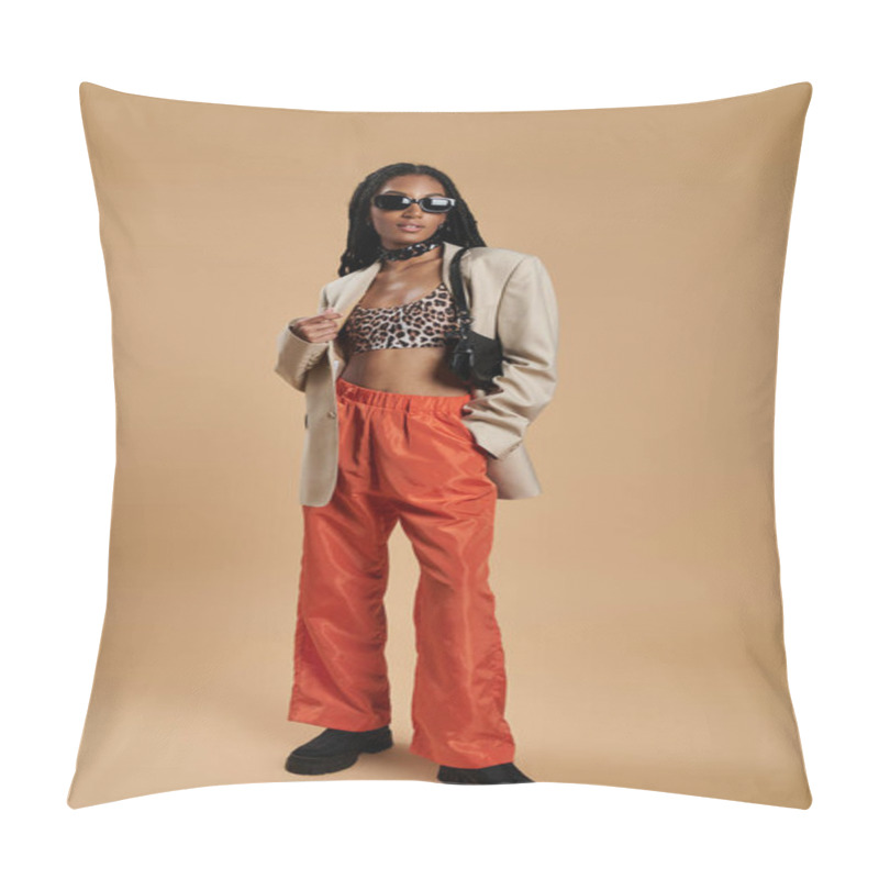 Personality  A Confident Young Woman Combines Chic Style And Boldness With Her Vibrant Clothes And Accessories. Pillow Covers