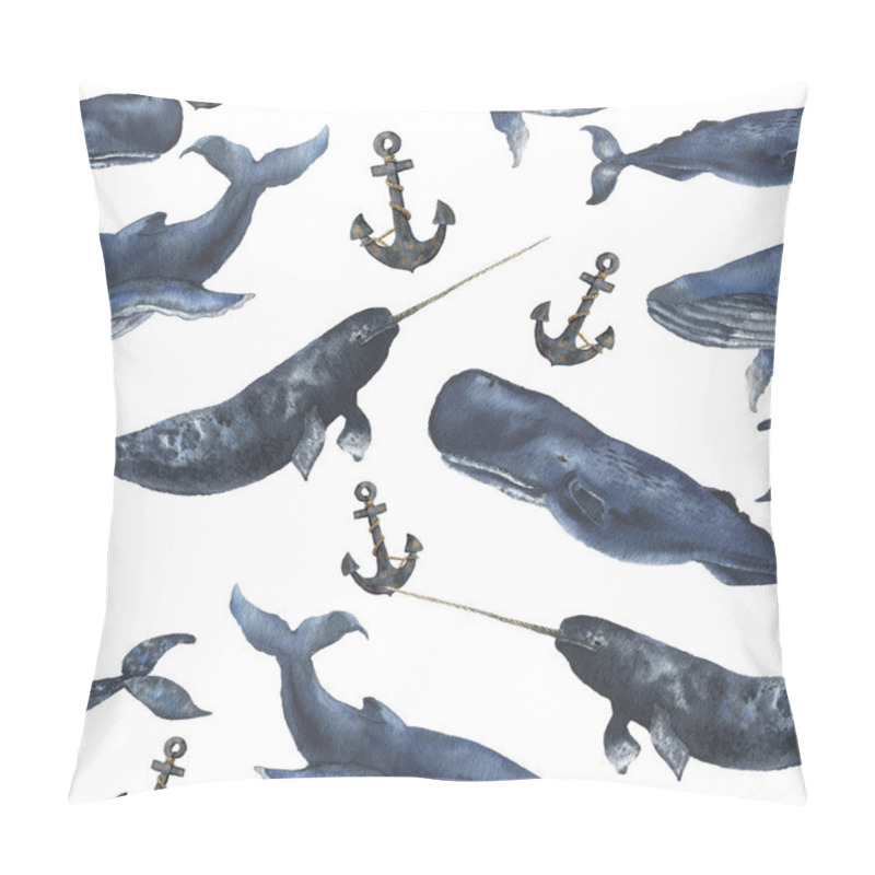 Personality  Watercolor Seamless Pattern With Whales And Anchor. Illustration With Blue Whales, Cachalot And Narwhal Isolated On White Background. For Design, Prints Or Background Pillow Covers