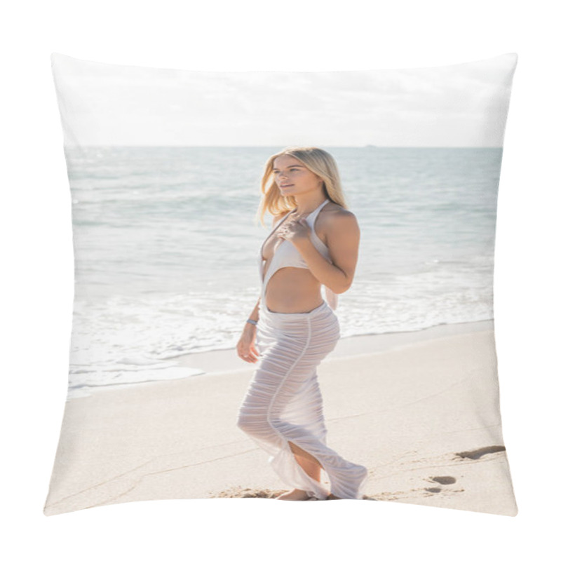 Personality  A Young, Beautiful Blonde Woman Stands Gracefully On Top Of A Sandy Miami Beach, Soaking In The Serenity Of The Sunset. Pillow Covers