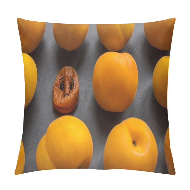 Personality  Dry, Shriveled Apricot Among Fresh, Smooth, Juicy. Deterioration Of Appearance, Aging Of The Skin, Young Rivals. The Picture Is Made By The Author. Pillow Covers