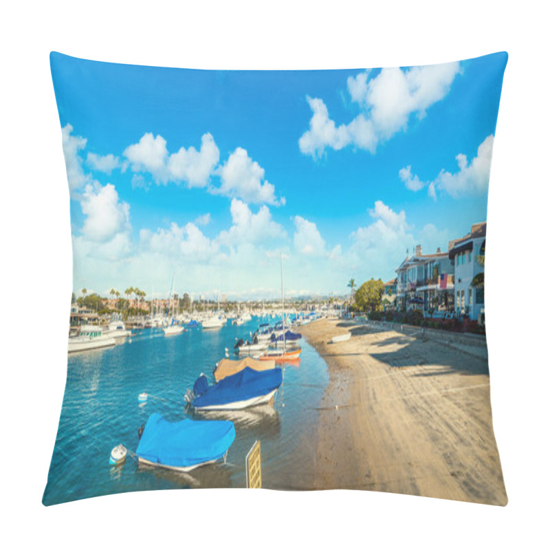 Personality  Boats By Balboa Island Sandy Shore. Balboa Island Is Located In Newport Beach, Orange County. Southern California, USA Pillow Covers