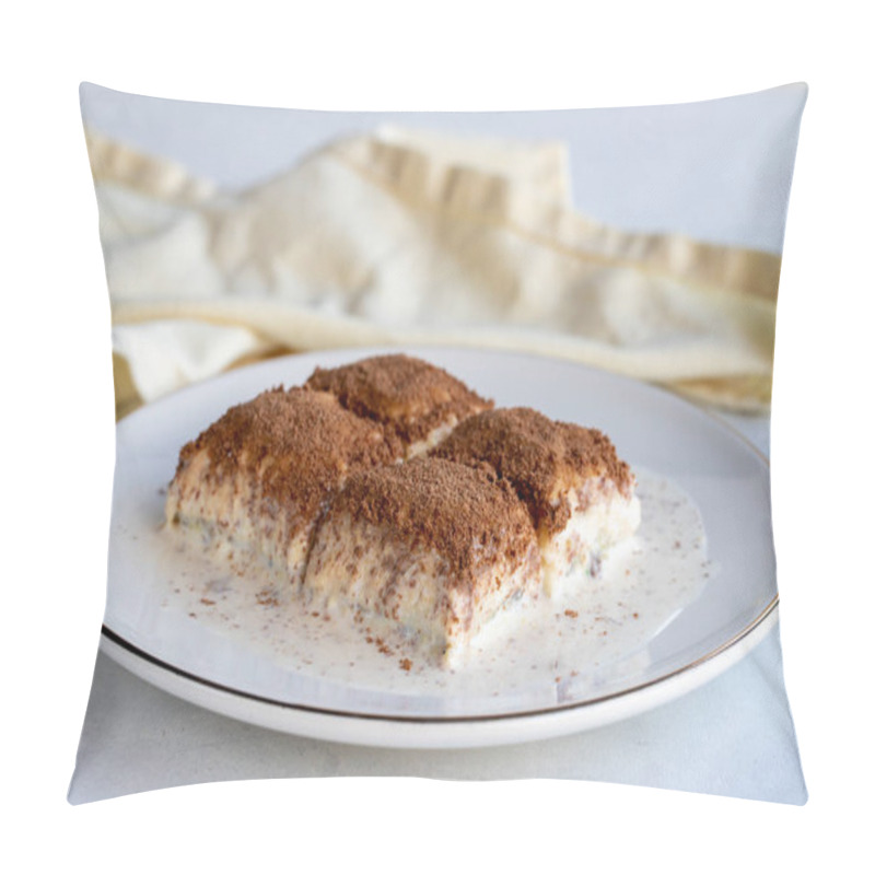 Personality  Cold Baklava On A White Background. Baklava With Pistachio Milk. Traditional Turkish Cuisine Delicacies. The New Trend Is Baklava. Close-up. Local Name Soguk Baklava Pillow Covers