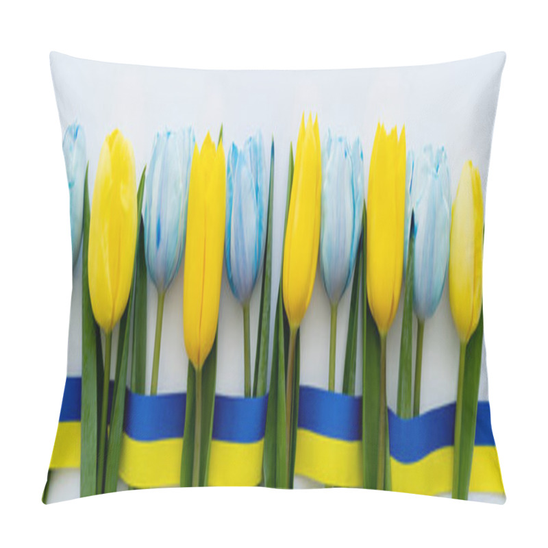 Personality  Top View Of Row Of Blue And Yellow Tulips And Ribbon On White Background, Banner  Pillow Covers