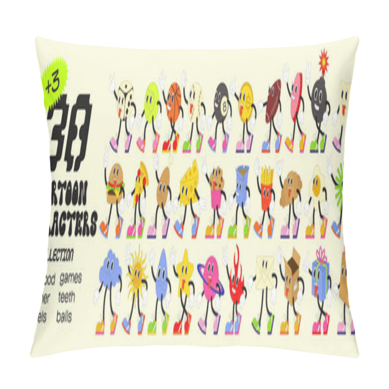 Personality  Big Set Retro Cartoon Stickers With Funny Comic Characters, Gloved Hands. Modern Illustration With Cute Comics Characters. Hand Drawn Doodles Of Comic Characters. Set In Modern Cartoon Style Pillow Covers