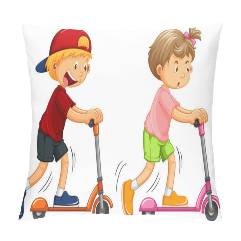 Personality  Boys Playing Kick Scooter On White Background Pillow Covers