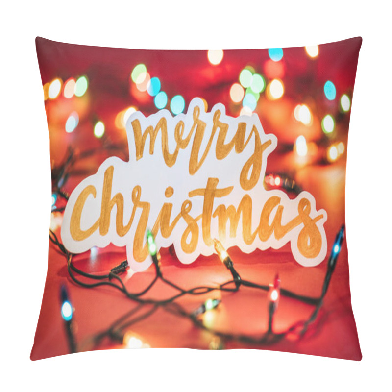 Personality  Merry Christmas Sign On The Background Of Shining Garlands Pillow Covers