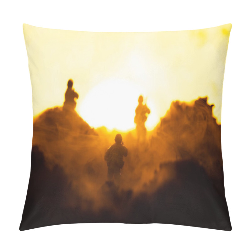 Personality  Selective Focus Of Toy Warriors On Battleground With Sunset At Background, Battle Scene Pillow Covers