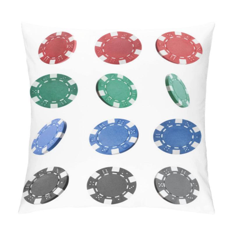 Personality  Set With Different Casino Chips On White Background  Pillow Covers