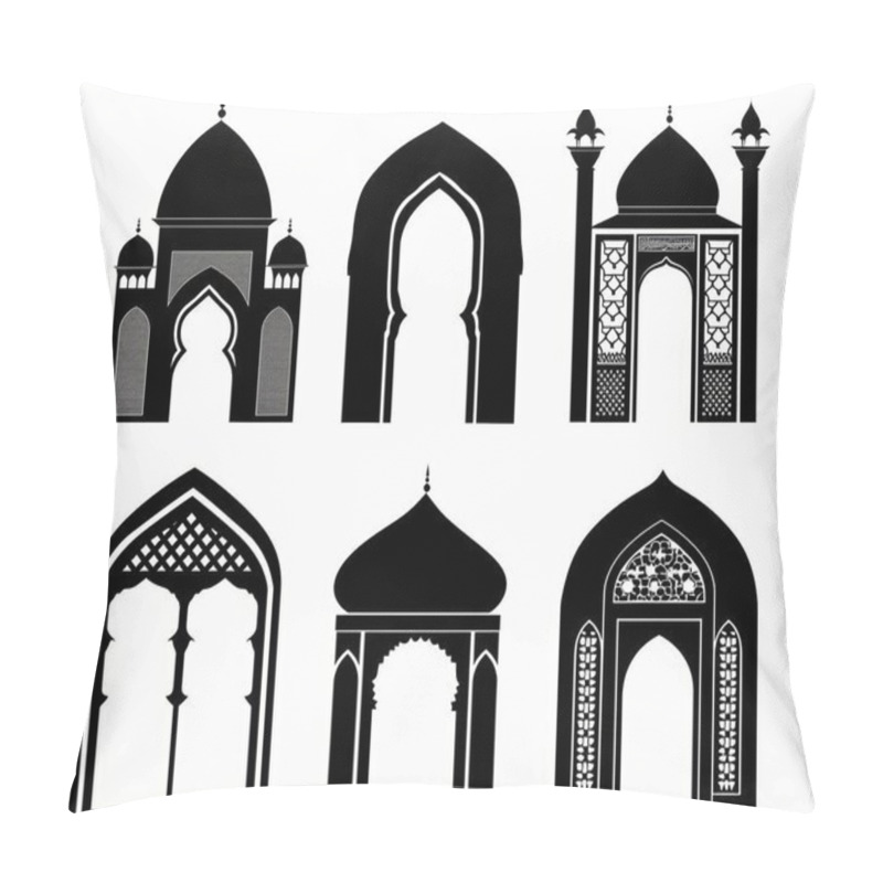 Personality  Collection Of Intricate Black Silhouettes Of Traditional Islamic Architecture, Showcasing Various Arch Styles And Domes. Pillow Covers