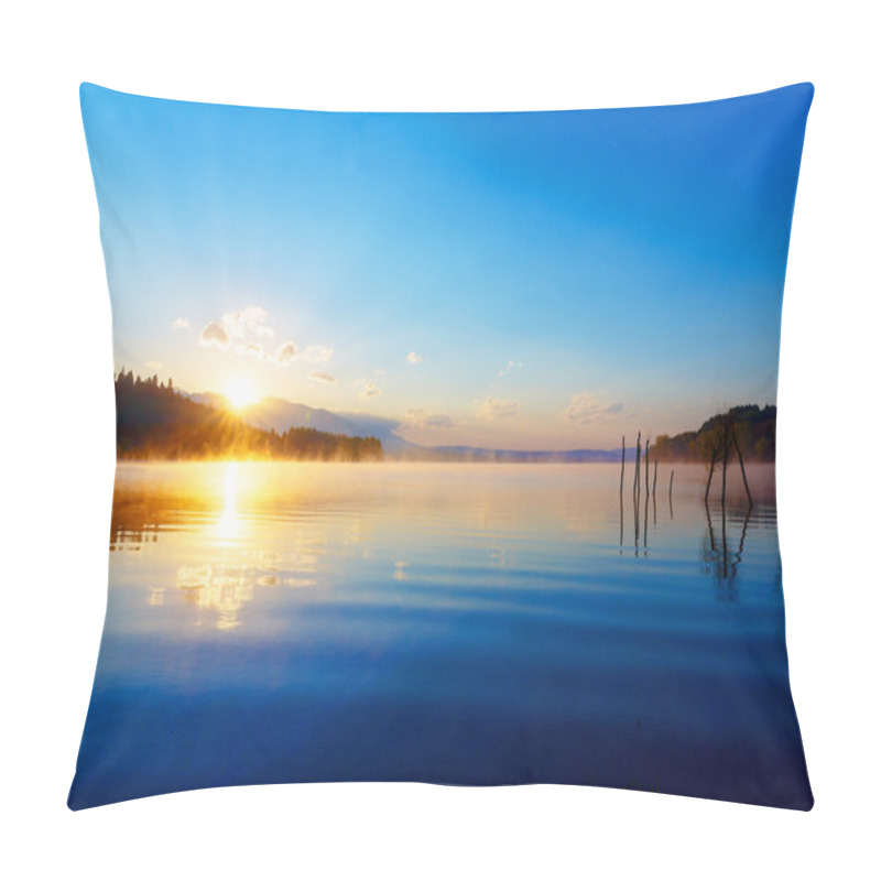 Personality  Beautiful Lake View In Morning Fog With Mystic Mountains And Trees As Leftovers Of A Mole In Gold, Purple - Blue Tones. Pillow Covers