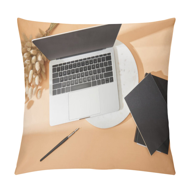 Personality  Top View Of Laptop, Marble Board, Lagurus, Black Notebooks And Paintbrush On Beige Background Pillow Covers