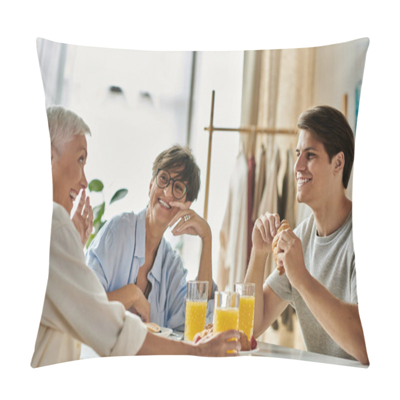 Personality  A Gay Couple Enjoys A Cheerful Breakfast With Their Adult Son, Sharing Laughs And Delicious Food. Pillow Covers