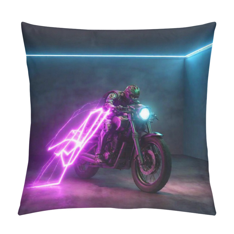 Personality  A 3 D Illustration Of A Motorcycle With A Neon Lights On The Floor Pillow Covers