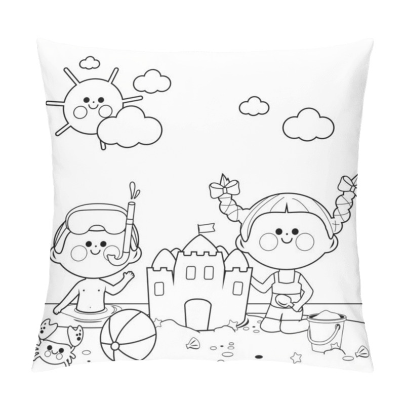 Personality  Children At The Beach Swimming And Building A Sandcastle. Black And White Coloring Book Page Pillow Covers