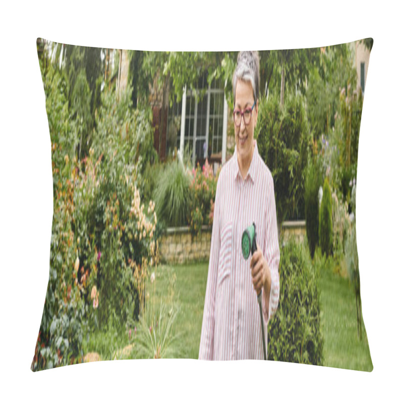 Personality  Beautiful Jolly Mature Woman With Glasses Using Hose To Water Lively Plants In Her Garden, Banner Pillow Covers