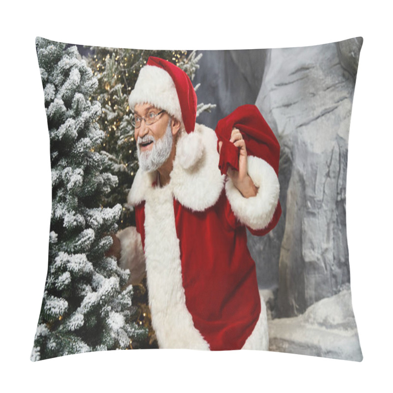 Personality  A Joyful Figure Dressed As Santa Claus Prepares Gifts While Standing Near Snow Covered Trees. Pillow Covers