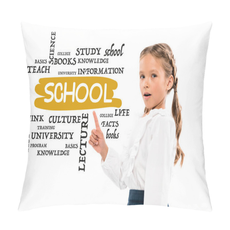 Personality  Adorable Kid Pointing With Finger At School Lettering On White  Pillow Covers