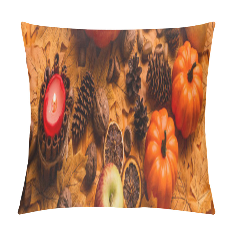 Personality  Burning Candle With Pumpkins And Autumnal Decoration On Golden Foliage, Panoramic Shot Pillow Covers