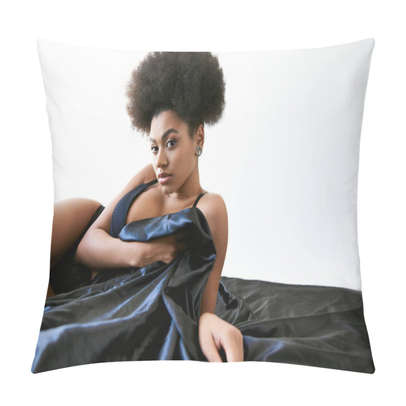 Personality  Top View Of Beautiful African American Woman In Lingerie Reclining On Bed And Looking At Camera Pillow Covers